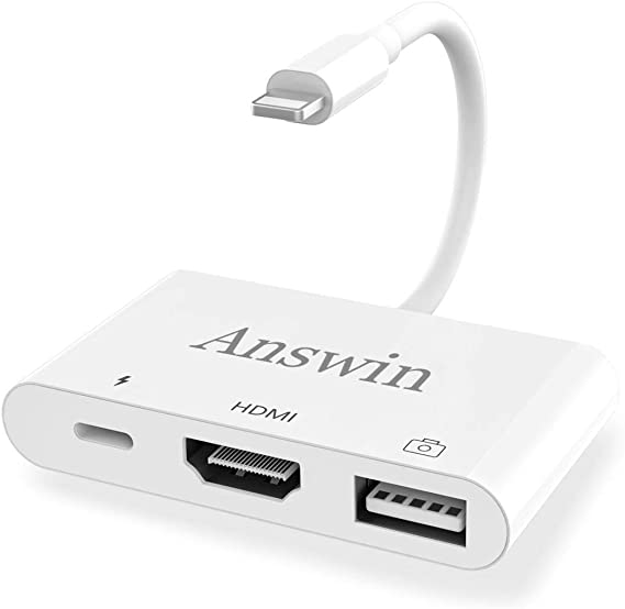 Lighting to HDMI Adapter, Answin iPhone to HDMI 1080P Digital AV Adapter Lightning to HDMI, USB Camera Adapter with Charging Port Compatible with iPhone 11 X 8 7, iPad, iPod, USB Flash Drive to TV