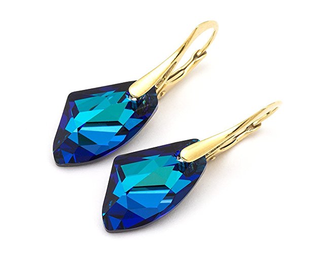 Bermuda Blue Swarovski Galactic geometric drop big crystal gold plated sterling silver 925 lever back bridal bridesmaid earrings 1.4 in