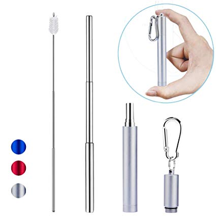 [Updated] Portable Collapsible Reusable Straws - Foldable Stainless Steel Metal Travel Straw Drinking with Case, Cleaning Brush and Keychain, by Huameilong, Silver