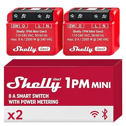 Shelly 1PM Mini Gen3 | WiFi & Bluetooth Smart Switch Relay, 1 Channel 8A with Power Measurement | Home Automation | Compatible with Alexa & Google Home | iOS Android App | No Hub Required (2 Pack)