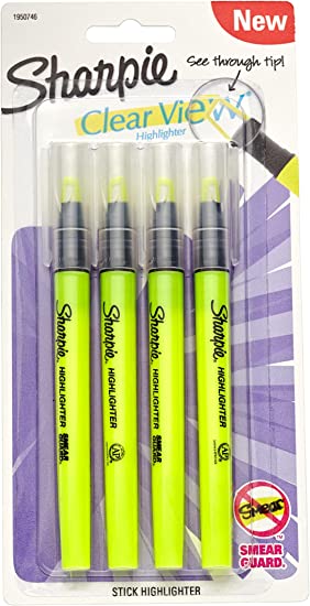 SHARPIE Clear View Highlighter Stick, Yellow, 4/Pack (1950746)