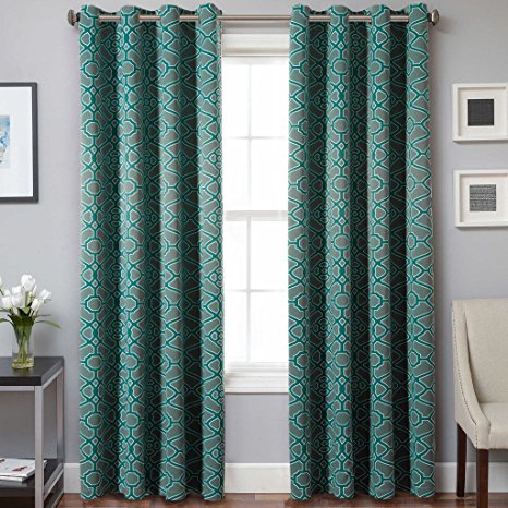 H.Versailtex Printed Blackout Room Darkening Printed Curtains Window Panel Drapes - (Teal and Grey Color Pattern) 2 Panels - 52 inch wide by 96 inch long - Pavilion Fretwork Pattern