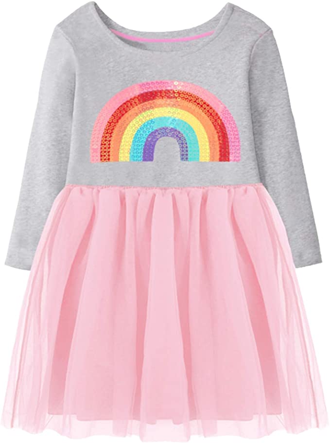 Fiream Rainbow Unicorn Dresses for Girls Tulle Dress Long Sleeve 2-10 Years Old