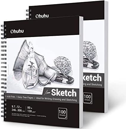 Sketch Books, Ohuhu 9.7x12IN Premium Sketch Pads (2 Packs), 130 GSM (80 LB), 100 Sheets/Sketch Book Spiral Bound Acid-Free White Sketch Paper for Sketches, Writing, Drawing, Color Pencils Christmas