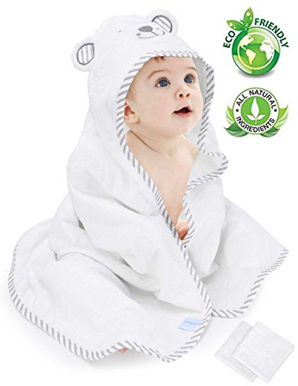 Eccomum Baby Hooded Towel Organic Bamboo Baby Bath Towels for Toddlers, Ultra Soft, Super Absorbent Thick, Large 35" x 35", Cute Ear Design, 2 Washcloth, Perfect Baby Shower for Boys and Girls