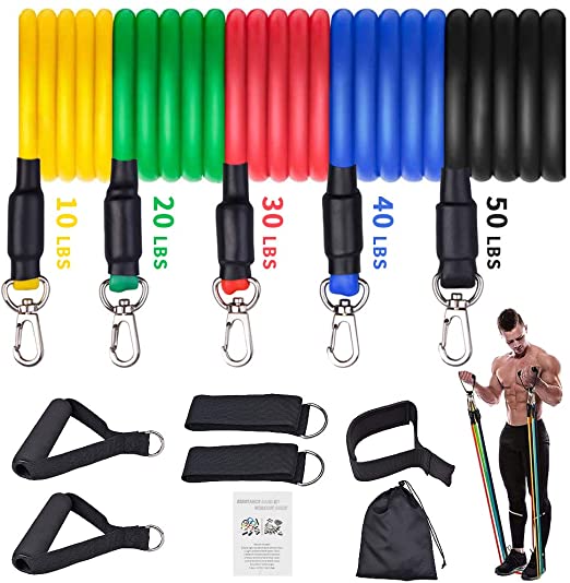 Exercise Resistance Bands Set Men Home Gym Stretch Training Workout Bands,Portable Fitness Accessories with 5 Resistance Tubes -Stackable Up to 150 lbs, Handles, Door Anchor, Ankle Straps,Carrying Bag