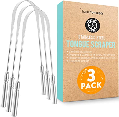 Tongue Scraper (3 Pack), Cure Bad Breath (Medical Grade), Stainless Steel Tongue Cleaners, 100% BPA Free Metal Tongue Scrapers for Fresher Breath in Seconds