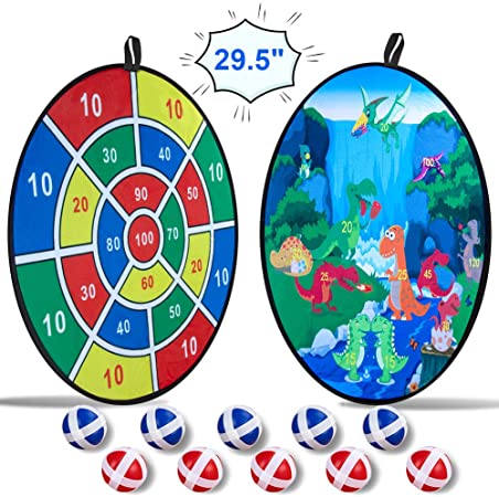 O-heart Kids Dart Board Game, 29.5" Large Double-Sided Dinosaur Dart Board with 10 Balls for Kids Children Day Gifts for Boy Safety Sticky Darts Roar Birthday Party Favors Indoor Outdoor Activity