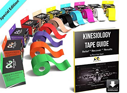 Physix Gear Sport Kinesiology Tape with Free Illustrated E-Guide - 16ft Uncut Roll - Best Pain Relief Adhesive for Muscles, Shin Splints, Knee & Shoulder - 24/7 Waterproof Therapeutic Aid