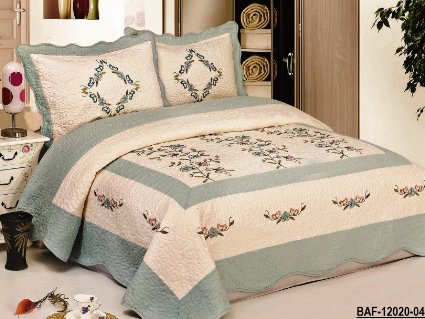 3pcs High Quality Fully Quilted Embroidery Quilts Bedspread Bed Coverlets Cover Set , Queen King (Beige/AquaBlue)