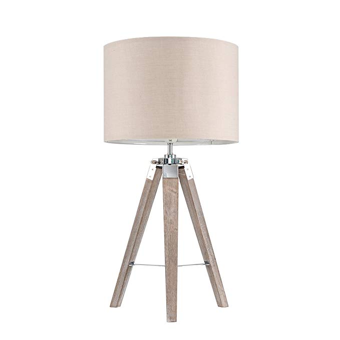 Modern Distressed Wood and Silver Chrome Tripod Table Lamp with a Beige Cylinder Light Shade