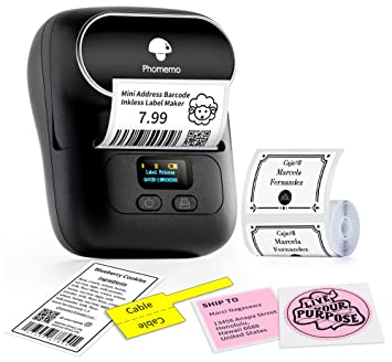 Phomemo M110 Label Maker-Portable Label Sticker Barcode Printer for Jar, PhotoLogo, Address, Mailing, Clothing, Jewelry, Office, Print Black on White, for iOS & Android System