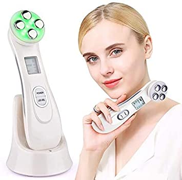 Electroporation RF Radio Frequency Facial LED Photon Skin Care Device 5 in1 Facial Massager, 6 color Vibration Skin Firming Care for Face Massager,Multifunctional Skin Care Beauty Instrument (White)