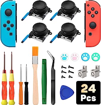 MoKo Joycon Joystick Replacement Compatible with Nintendo Switch Joy Con Controller, 24 in 1 Joystick Repair Kit Includ 3D Analog Joy Stick Part, Tri-Wing & Cross Screwdriver Tools, Thumb Grips, Black