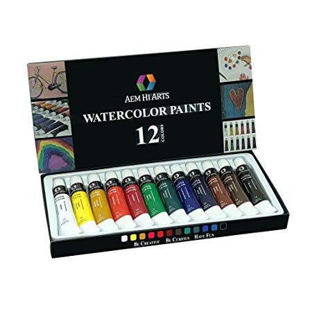 Watercolor Paint by AEM Hi Arts - 12 Tube Watercolour Set Includes Colorful Water Color Paints - Portable, Small and Washable, Great for Kids and Professional Artists
