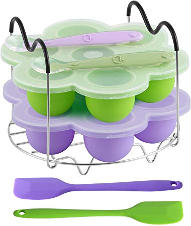 ROTTAY Silicone Egg Bites Molds and Steamer Rack Trivet with Heat Resistant Handles Fit Instant Pot Accessories, 7pcs/set for 6qt & 8qt Electric Pressure Cooker - With 2 Spoons and Silicone spatula