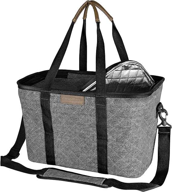 CleverMade SnapBasket Insulated Reusable Grocery Shopping Bag with Shoulder Strap, Reinforced Bottom and Zippered Lid, Collapsible Canvas Picnic and Food Delivery Tote, 30L Size, Heather Grey/Black