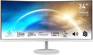 MSI PRO MP341CQW 34" UltraWide Business Monitor, WUQHD 3440x1440, 1500R Curved, IPS, Frameless, 100Hz, 1ms, Tilt Compatible, HDR Ready, 2xHDMI&DP Port, Built-in Speakers, VESA, White, 3 Year Warranty