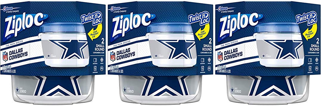 Ziploc Brand NFL Dallas Cowboys Twist 'n Loc Containers, Small, 2 ct, 3 Pack