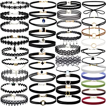 40 Pcs Black Choker Necklaces Set Womens Velvet Choker Set Classic with Lace Tattoo Charm Girls Stretch Necklace Gifts