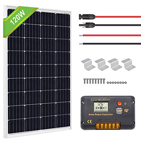 ECO-WORTHY 120 Watts Solar Panel Off Gird RV Boat Kit :120W Mono Solar Panel  20A LCD Charge Controller Z Brackets MC4 Connector with 30FT Extension Cable