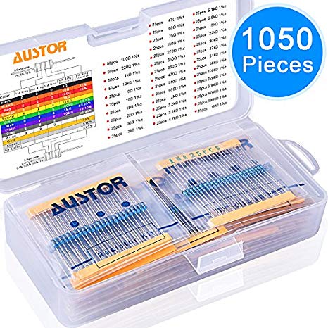 AUSTOR 1050 Pieces Resistor Kit 38 Values 1% Resistors 0 Ohm-1M Ohm 1/4W Metal Film Resistors Assortment for DIY Projects and Experiments