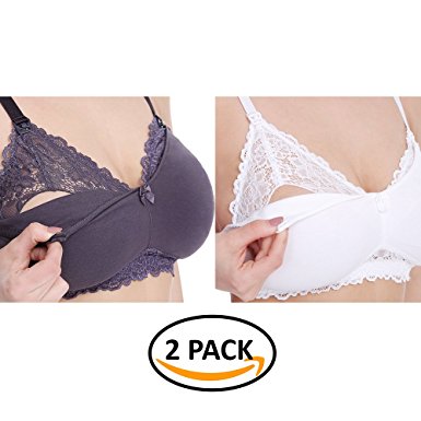 Curve Muse Plus Size Maternity Nursing Cotton Wirefree Bra With Lace Trim-2Pack