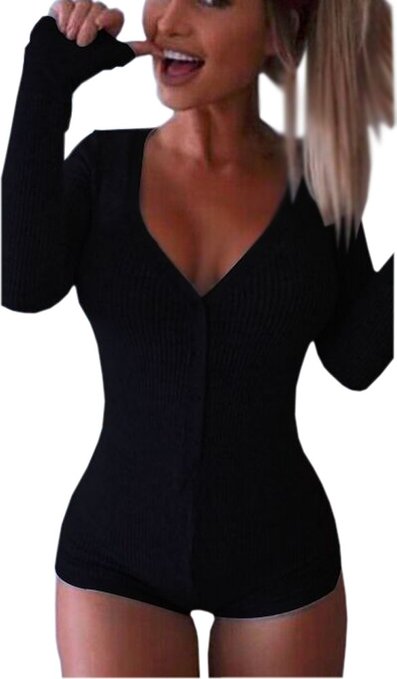 Moxeay Women V-neck Long Sleeve Shorts Knitted Bodysuit Jumpsuit Romper Overall