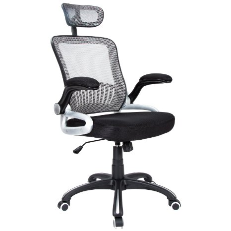HampL Office Mid Back Silver Mesh Executive and Managerial Computer Desk Swivel Office Chair with Headrest and Flexible Arm Rest