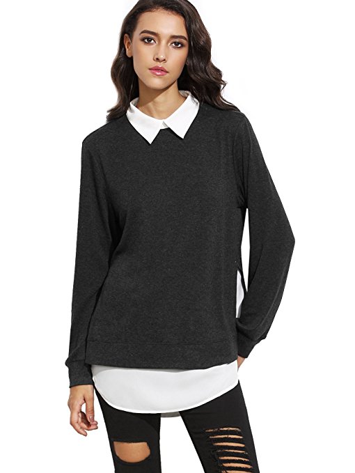 ROMWE Women's Classic Collar Long Sleeve Curved Hem Pullover Sweatshirt