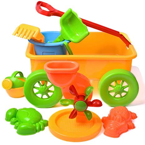 Beach Wagon Toys Set for Kids, Sand Toys Kids Outdoor Toys, Sandbox Toys Set with Big Sand Wagon and Other Beach Toys - 8 PCs