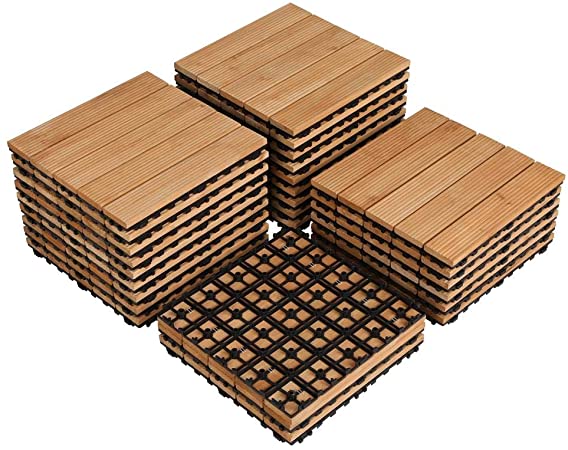 Yaheetech 27PCS Interlocking Wood Flooring Deck Patio Pavers Tiles Solid Wood and Plastic Corner Edging Trim Tiles Indoor Outdoor 12 x 12in Natural Wood