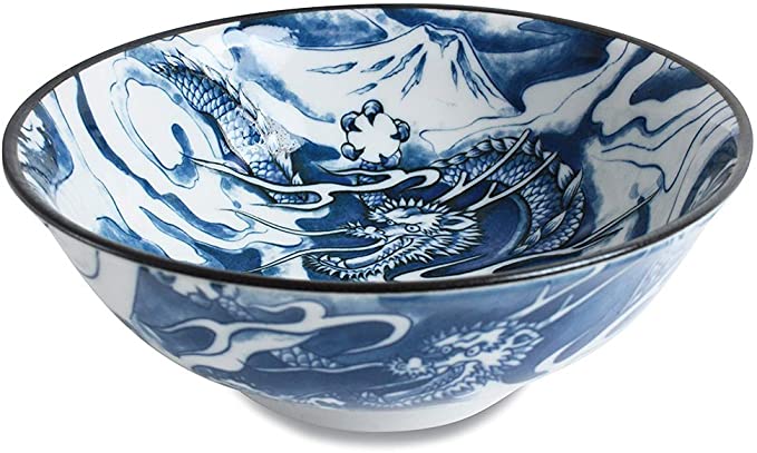 Happy Sales HSXLB-DRGBL8, Japanese XL Bowl 8"D Multi Purpose Bowl Ramen Bowl Udong Soba Tempura Noodle Pho Donburi Rice Tayo Bowl, Blue Dragon