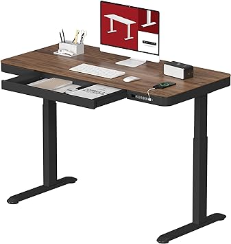 SANODESK Standing Desk with Drawer, Electric Height Adjustable Home Office Desk with Storage & USB Ports, 48 inch Black Walnut Wood Tabletop/Black Frame