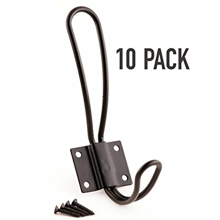 Rustic Entryway Hooks | 10 Pack of Black Wall Mounted Vintage Double Coat Hangers with Large Metal Screws Included | Hard Industrial Heavy Duty Hook Set | Best for Farmhouse Shabby Chic Hanging Look