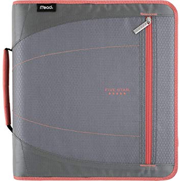 Five Star 2 Inch Zipper Binder, 3 Ring Binder, Removable File Folders, Durable, Gray/Bright Coral (29036IY8)
