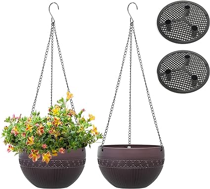 MissFox Pack of 2 Outdoor Hanging Baskets, Self-Watering Hanging Flower Pots with Rustproof Chains, Hanging Flower Pots Plastic with Drainage Hole, Hanging Baskets for Indoor Outdoor Ceiling Balcony Wall Decoration