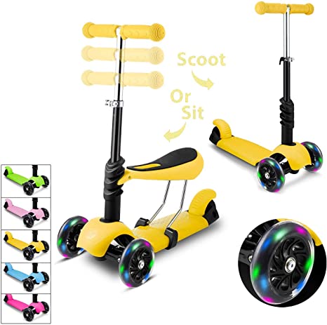 WeSkate Kids Scooter with Reovable Seat 3 Wheel Light Up Kick Scooters Adjustable Height forkids Children Boys Girls 2-8 Years Old