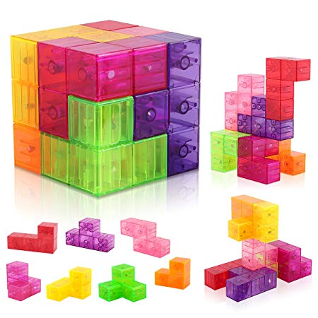 D-FantiX Magnetic Building Blocks, Magnet Toys Cube 3D Tetris Puzzle Brainteaser Stress Relief Toy Square Magnet Building Blocks for Kids with 54pcs Cards