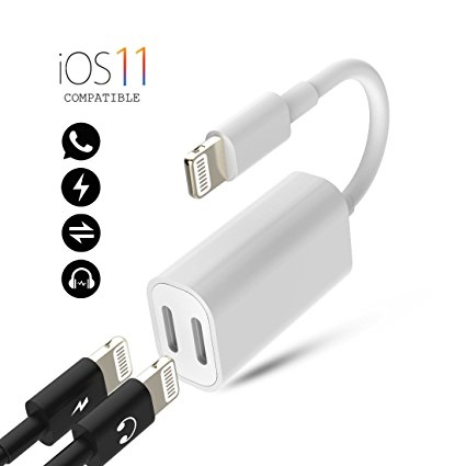 Dual Lightning Adapter Splitter Charging Cable For iPhone 7 Plus/ 8 / X, Houbox 2 in 1 Lightning to Dual Lightning  Audio Headphone Splitter  For iPhone 7 Support Music Control And Calling (White)