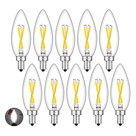 CRLight 2W 4000K LED Candelabra Bulb Daylight White 25W Equivalent 250LM, E12 Base Dimmable LED Chandelier Filament Light Bulbs, Antique Style B10 Clear Glass Candle Torpedo Tip, 10 Pack