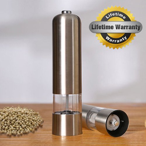 Electric Pepper Grinder or Salt Mill with Mini Light, Stainless Steel Grain Grinder, Automatic and Ajustable Grinders for Perfect Table Seasoning, 90-day Full Refound if not Satisfied