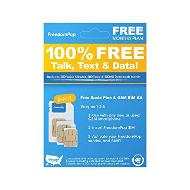 FreedomPop LTE SIM Kit - 3-In-1 - Voice/Data Bundle Prepaid Carrier Locked Android/IOS GSM Devices (U.S. Warranty)
