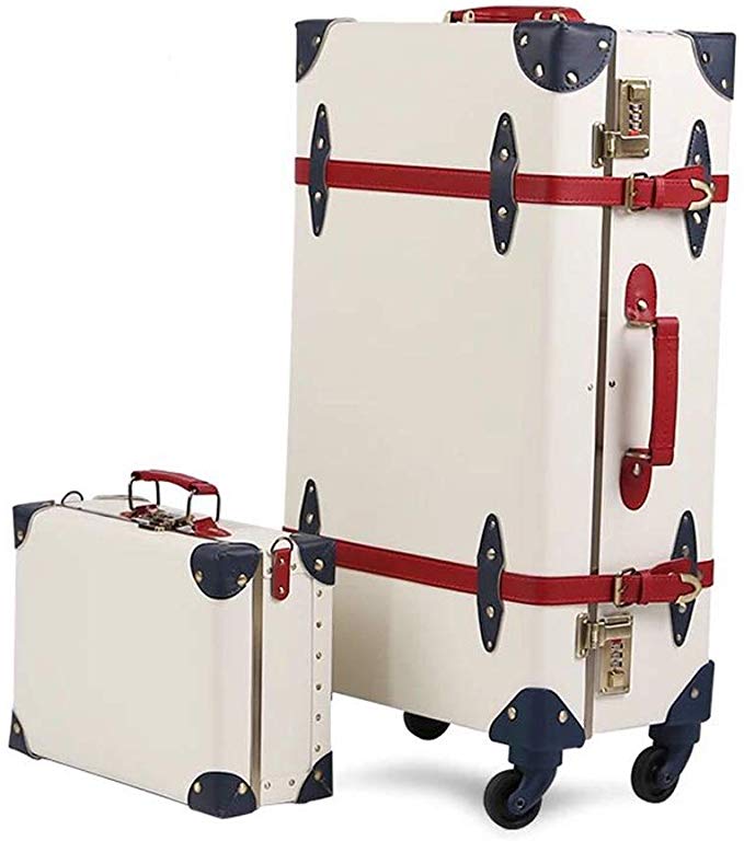 Travel Vintage Luggage Sets Cute Trolley Suitcases Set Lightweight Trunk Retro Style for Women Ivory White 26"