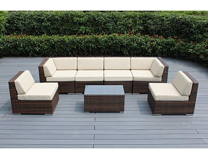 Ohana 7-Piece Outdoor Patio Furniture Sectional Conversation Set, Mixed Brown Wicker with Beige Cushions - No Assembly with Free Patio Cover