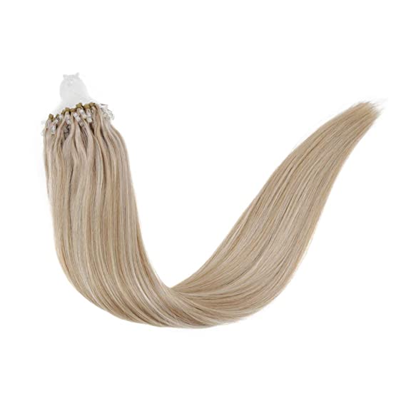 LaaVoo 14inch Micro Loop Hair Extensions Silicone Micro Beads Stick Tip Hair Extensions Highlighted Ash Brown and Blonde Remy Human Hair Fusion Loop Micro Bead Hair Extensions 50g/50s#18/613