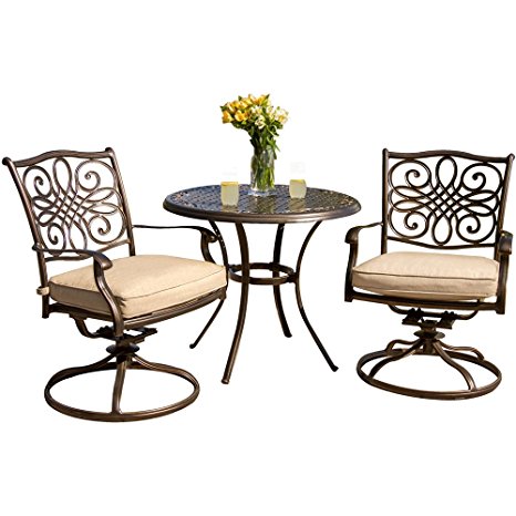 Hanover TRADITIONS3PCSW Traditions 3-Piece Deep-Cushioned Outdoor Bistro Set, Includes 2 Deep Cushioned Swivel-Rockers and 32-Inch Round Bistro Table