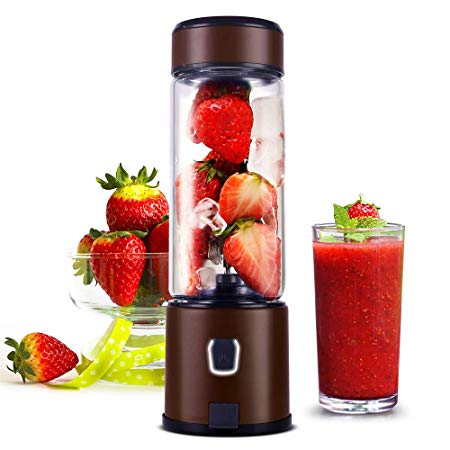 Portable Glass Blender-H HUKOER Cool-1, Shakes and Smoothies, Baby Food, Stainless Steel 4-Blade for Travel Personal, USB Rechargeable, Stronger and Faster Mixer Juice Cup with 5200mAh Rechargeable Battery, FDA, BPA Free-Spray Coffee Color