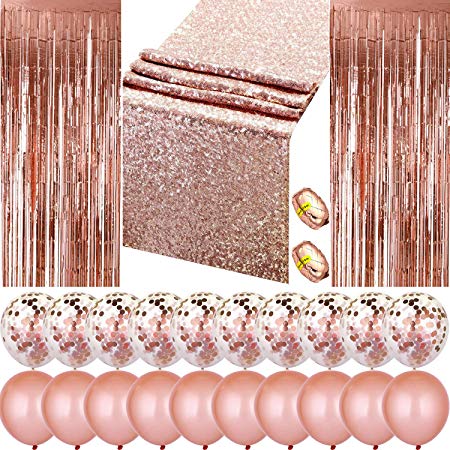 Rose Gold Party Decoration Set, Include 2 Pieces 3 by 8 ft Foil Fringe Door Curtains, 12 by 108 Inches Sequin Table Runner, 20 Pieces Balloons and 2 Rolls Foil Ribbon for Party Supplies (Rose-Gold)
