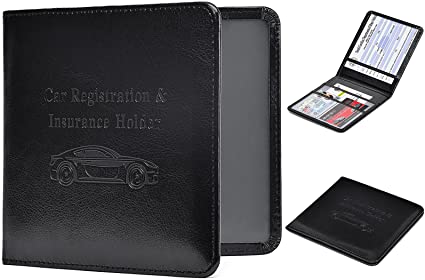 HERRIAT Car Registration and Insurance Card Holder - Leather Vehicle Glove Box Automobile Documents Paperwork Wallet Case Organizer for ID, Driver's License, Key Contact Information Cards - Men&Women